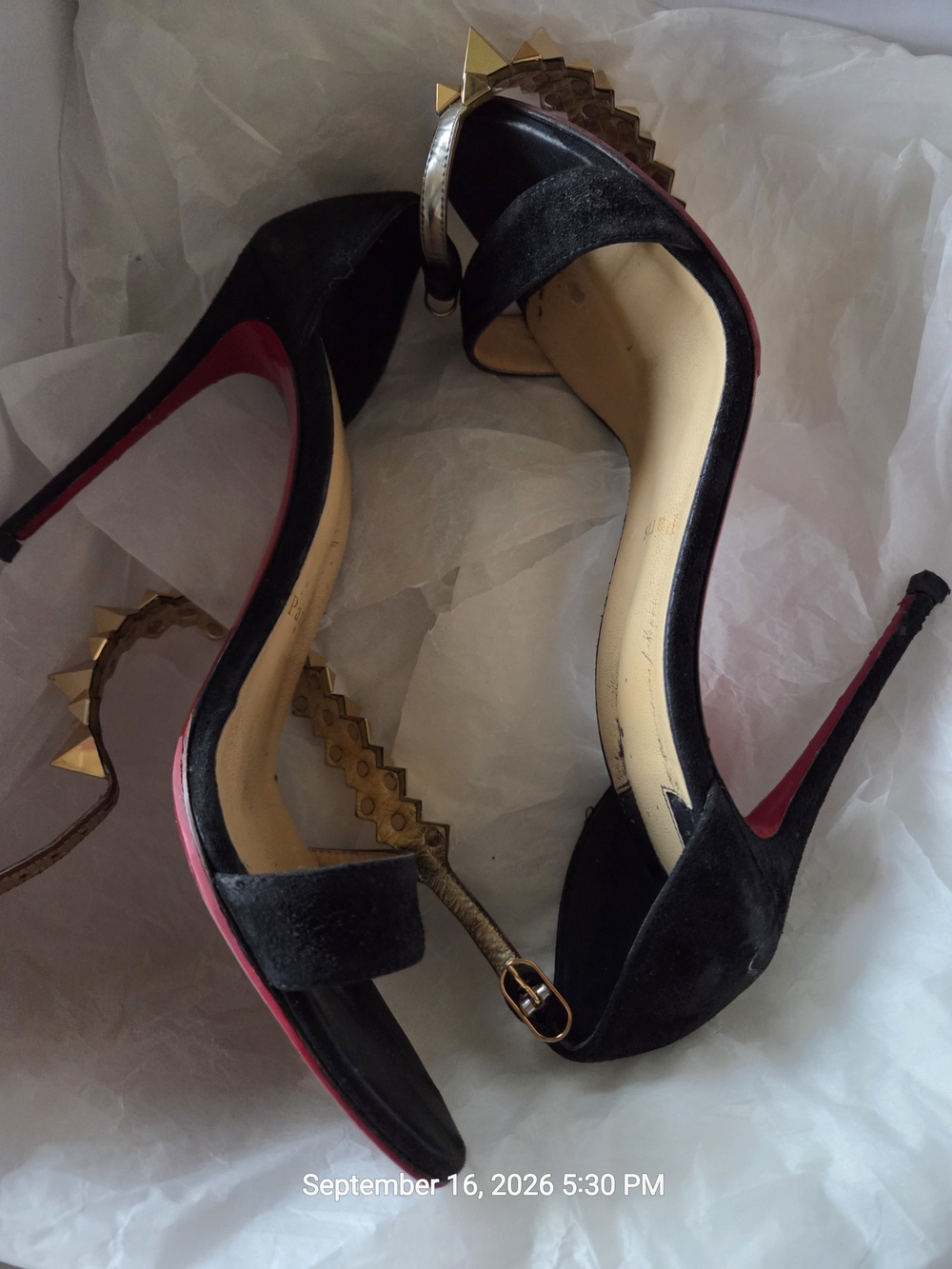 Christian Louboutin Black Suede Open-Toe Stiletto Sandals with Gold Spike Detail